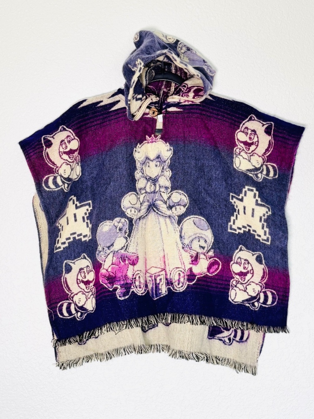 Super Mario Bros Poncho Princess Peach Alpaca Wool Hooded Handmade in Ecuador